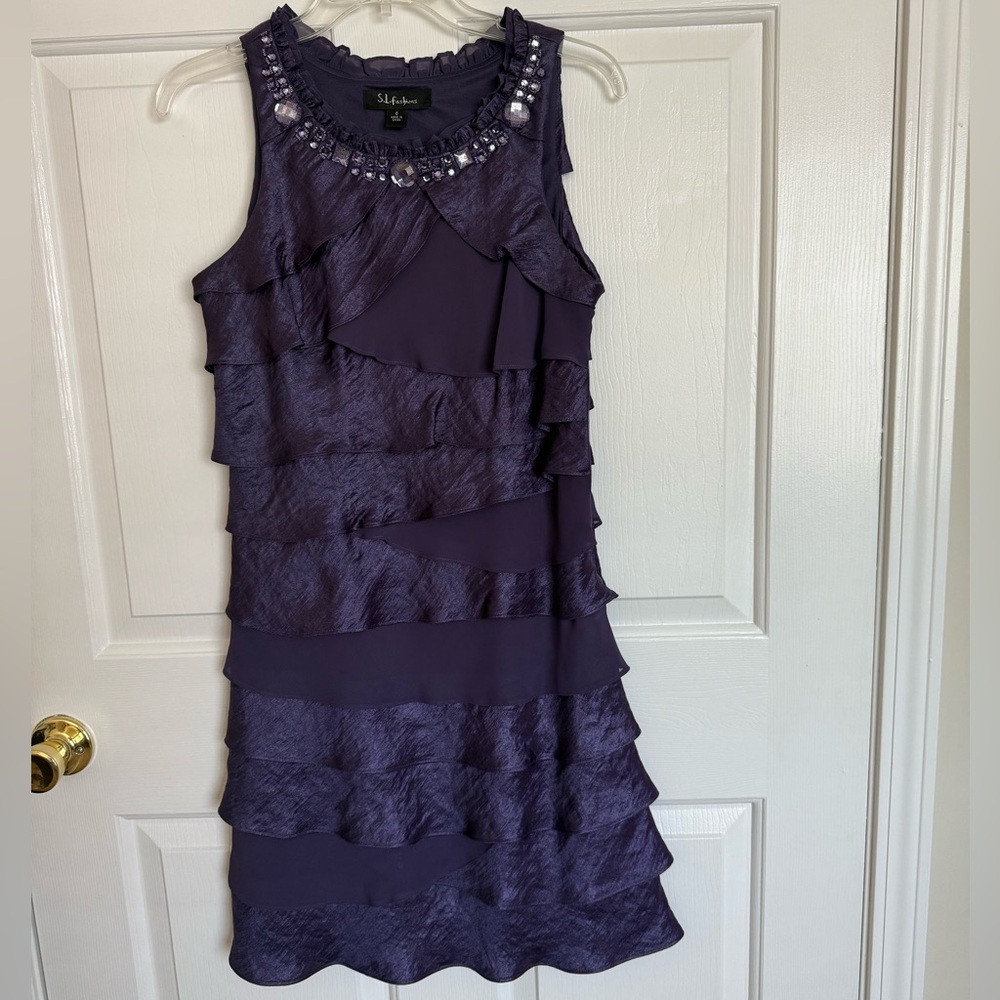 SL Fashions Purple Ruffled Embellished Dress